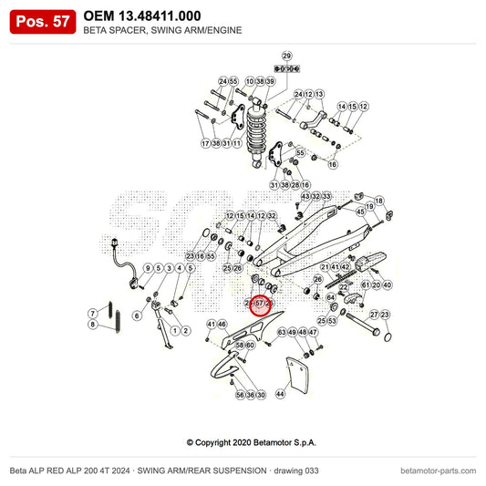 BETA SPACER, SWING ARM/ENGINE – OEM 13.48411.000, position 57 on the Beta ALP RED ALP 200 4T 2024 swing arm/rear suspension drawing