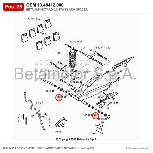 BETA ALP/MOTARD 4.0 SWING ARM SPACER – OEM 13.48412.000, position 25 on the Beta ALP 4.0 350 4T MY18 swing arm/rear suspension drawing