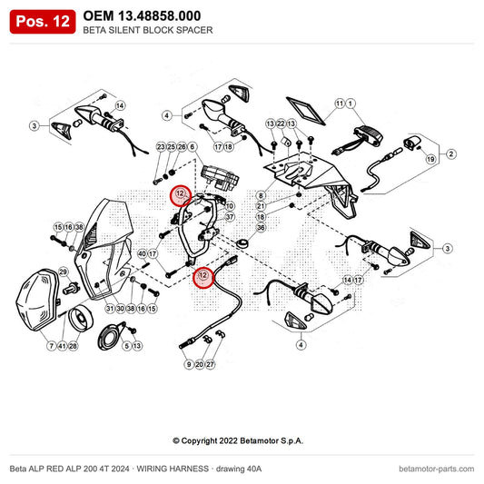BETA SILENT BLOCK SPACER – OEM 13.48858.000, position 12 on the Beta ALP RED ALP 200 4T 2024 wiring harness drawing