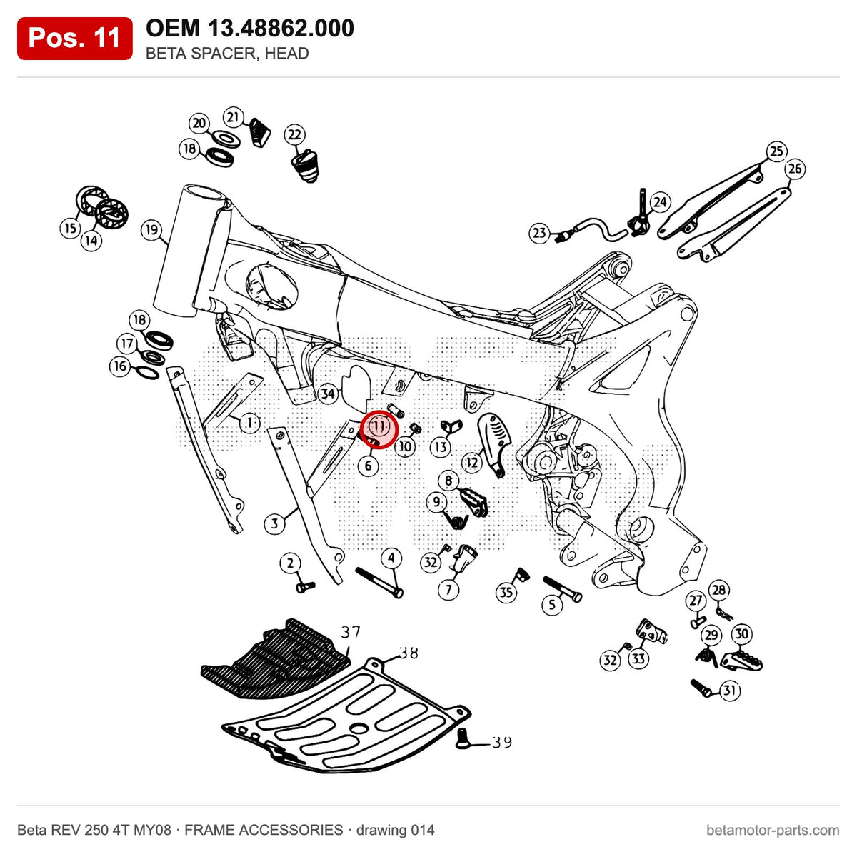 BETA SPACER, HEAD – OEM 13.48862.000, position 11 on the Beta REV 250 4T MY08 frame accessories drawing