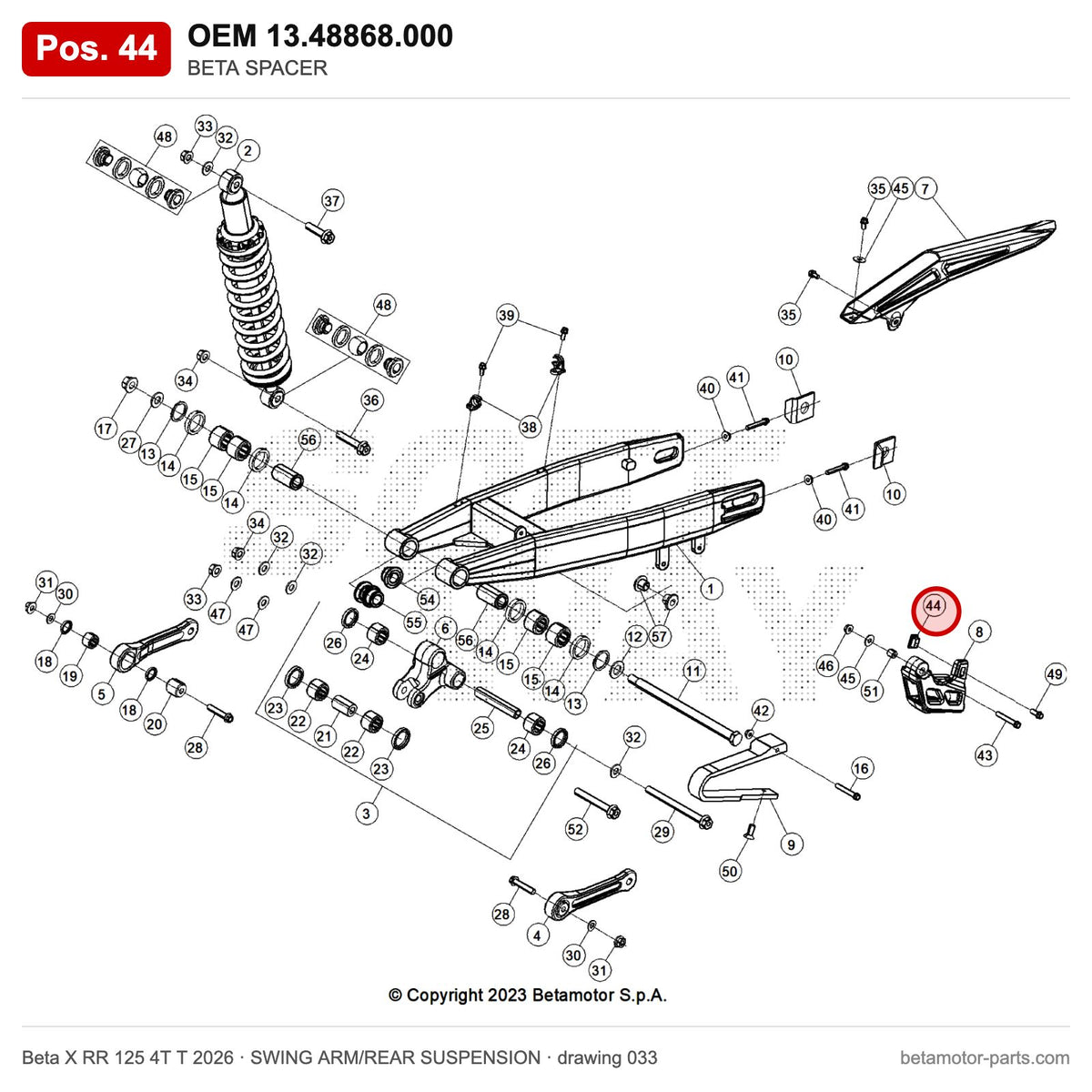 BETA SPACER – OEM 13.48868.000, position 44 on the Beta X RR 125 4T T 2026 swing arm/rear suspension drawing