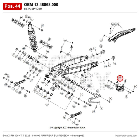 BETA SPACER – OEM 13.48868.000, position 44 on the Beta X RR 125 4T T 2026 swing arm/rear suspension drawing