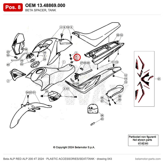 BETA SPACER, TANK – OEM 13.48869.000, position 8 on the Beta ALP RED ALP 200 4T 2024 plastic accessories/seat/tank drawing