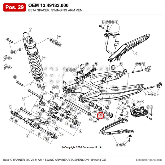 BETA SPACER, SWINGING ARM VEM – OEM 13.49183.000, position 29 on the Beta X-TRAINER 200 2T MY27 swing arm/rear suspension drawing