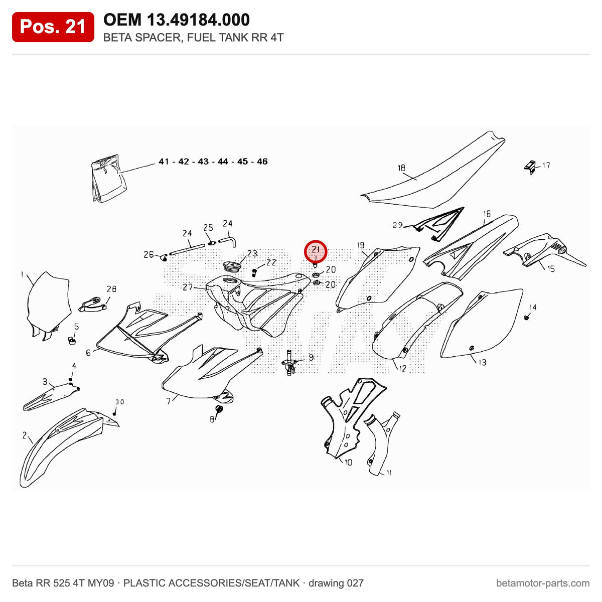 BETA SPACER, FUEL TANK RR 4T – OEM 13.49184.000, position 21 on the Beta RR 525 4T MY09 plastic accessories/seat/tank drawing