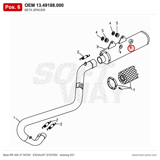 BETA SPACER – OEM 13.49188.000, position 6 on the Beta RR 400 4T MY09 exhaust system drawing