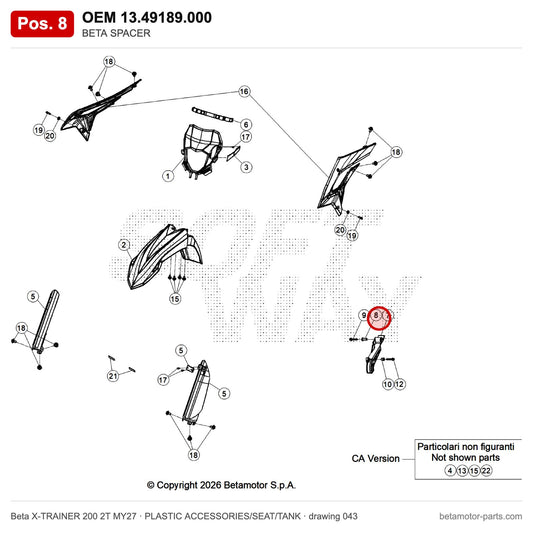 BETA SPACER – OEM 13.49189.000, position 8 on the Beta X-TRAINER 200 2T MY27 plastic accessories/seat/tank drawing