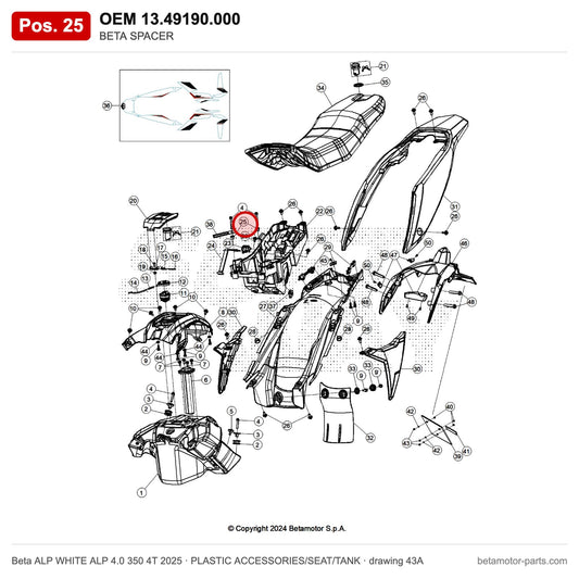 BETA SPACER – OEM 13.49190.000, position 25 on the Beta ALP WHITE ALP 4.0 350 4T 2025 plastic accessories/seat/tank drawing