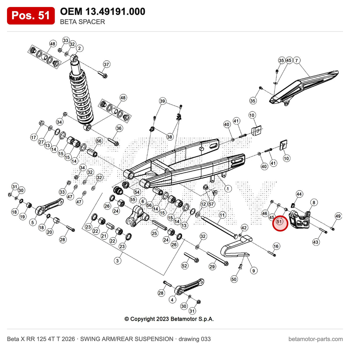 BETA SPACER – OEM 13.49191.000, position 51 on the Beta X RR 125 4T T 2026 swing arm/rear suspension drawing