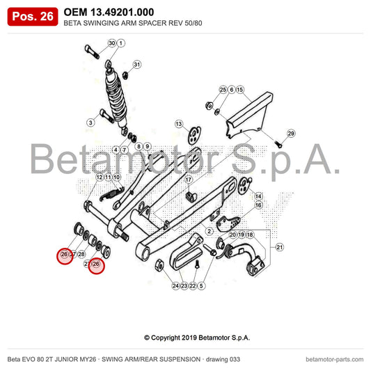 BETA SWINGING ARM SPACER REV 50/80 – OEM 13.49201.000, position 26 on the Beta EVO 80 2T JUNIOR MY26 swing arm/rear suspension drawing