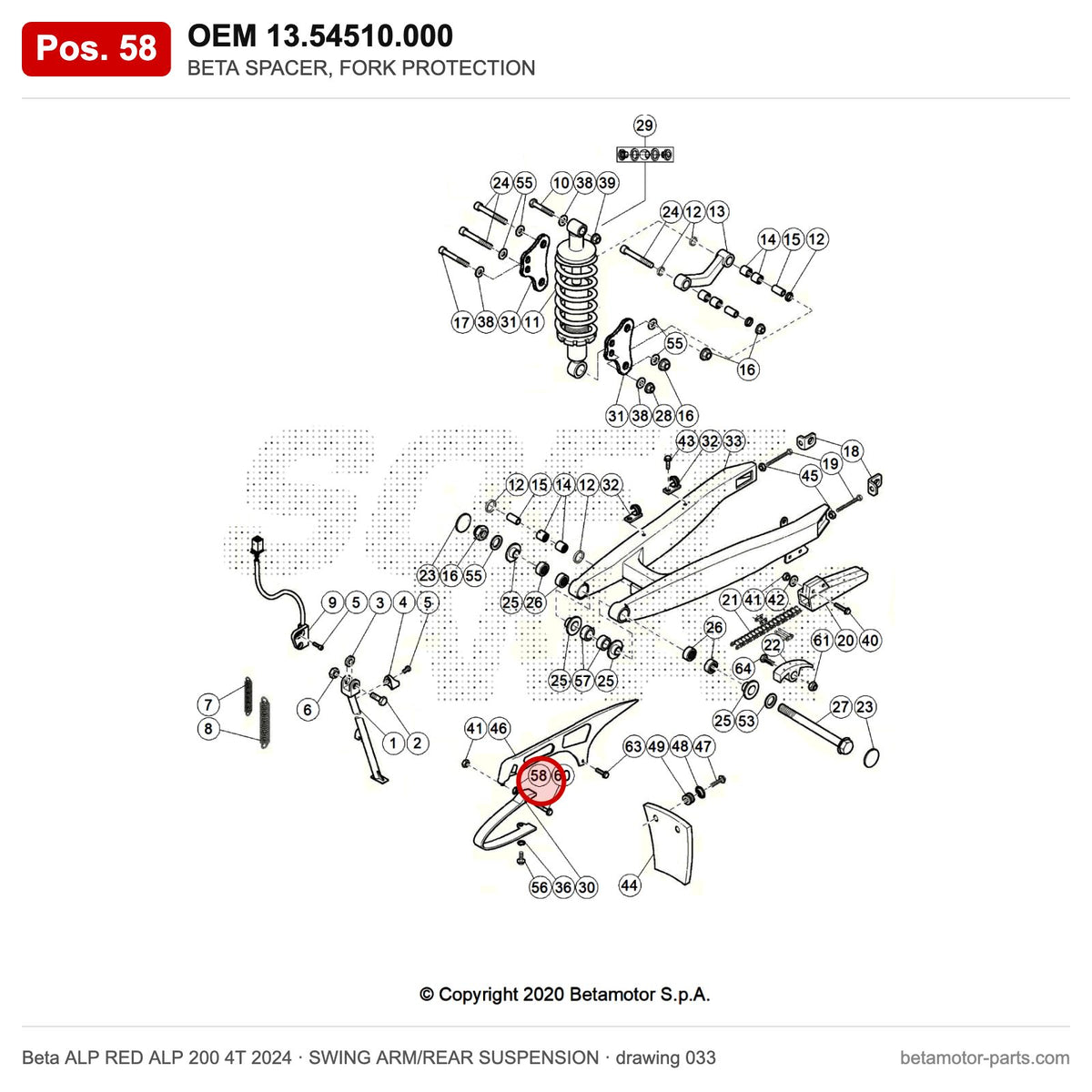 BETA SPACER, FORK PROTECTION – OEM 13.54510.000, position 58 on the Beta ALP RED ALP 200 4T 2024 swing arm/rear suspension drawing