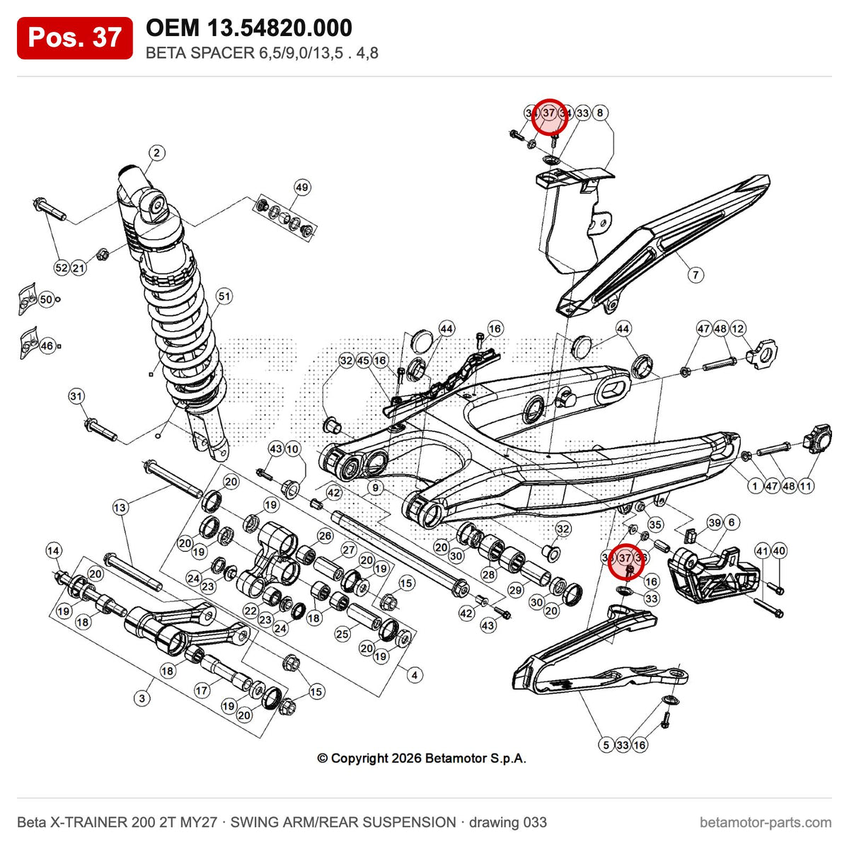 BETA SPACER 6,5/9,0/13,5 . 4,8 – OEM 13.54820.000, position 37 on the Beta X-TRAINER 200 2T MY27 swing arm/rear suspension drawing