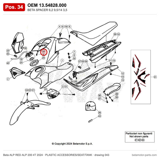 BETA SPACER 6,2 9,5/14 3,5 – OEM 13.54828.000, position 34 on the Beta ALP RED ALP 200 4T 2024 plastic accessories/seat/tank drawing