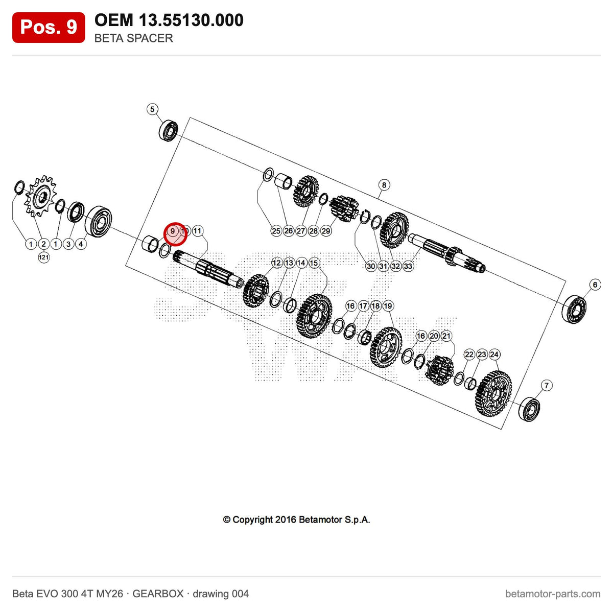 BETA SPACER – OEM 13.55130.000, position 9 on the Beta EVO 300 4T MY26 gearbox drawing