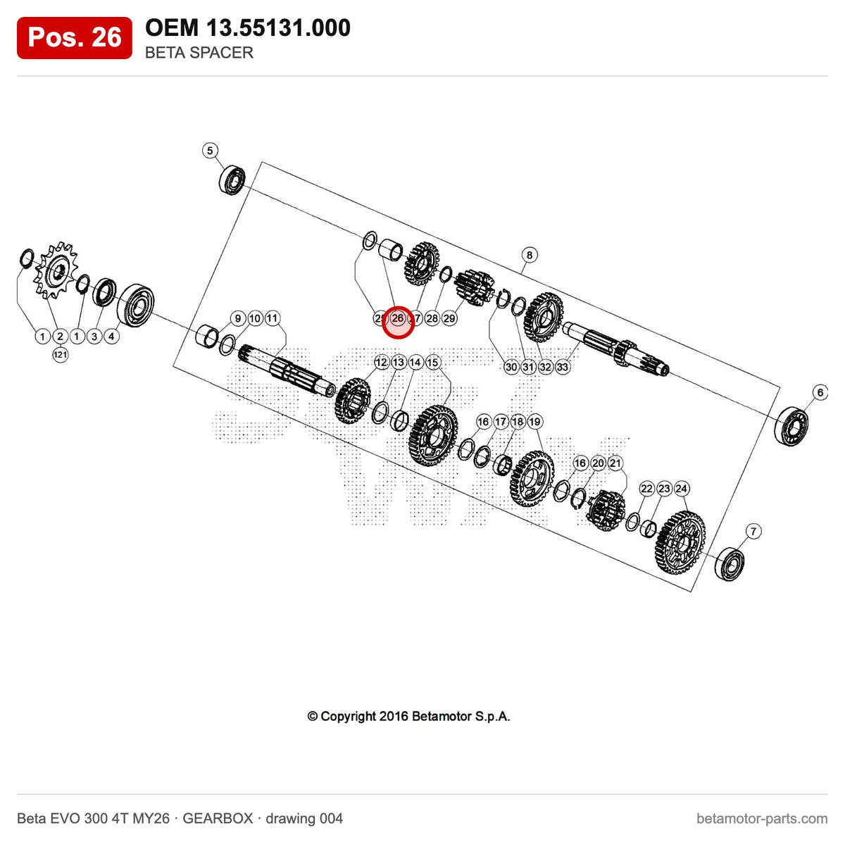 BETA SPACER – OEM 13.55131.000, position 26 on the Beta EVO 300 4T MY26 gearbox drawing