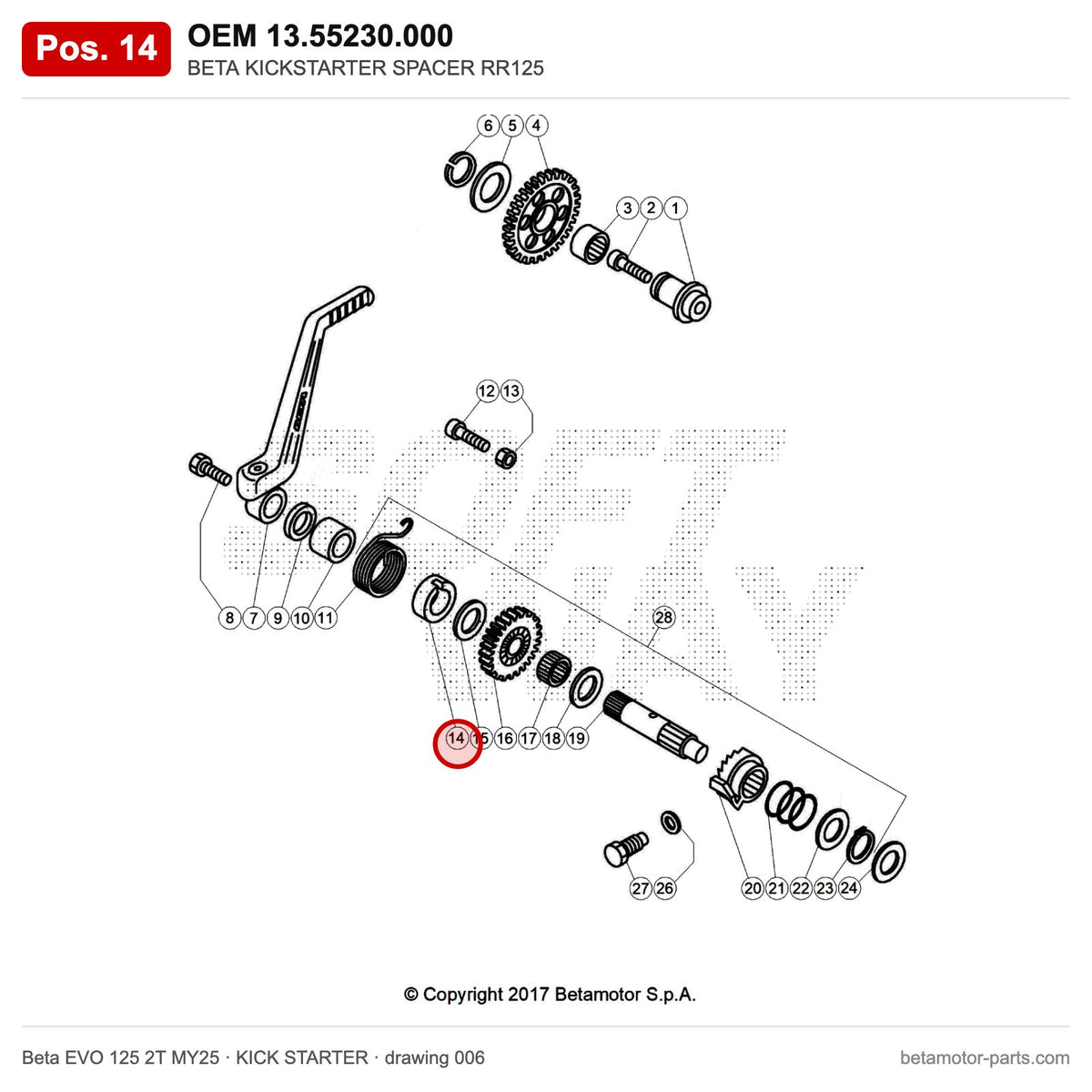 BETA KICKSTARTER SPACER RR125 – OEM 13.55230.000, position 14 on the Beta EVO 125 2T MY25 kick starter drawing