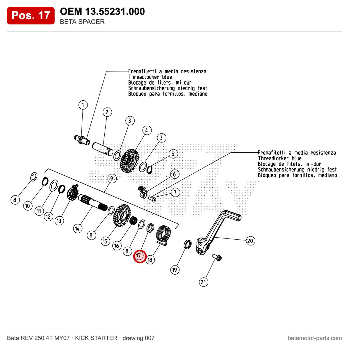 BETA SPACER – OEM 13.55231.000, position 17 on the Beta REV 250 4T MY07 kick starter drawing