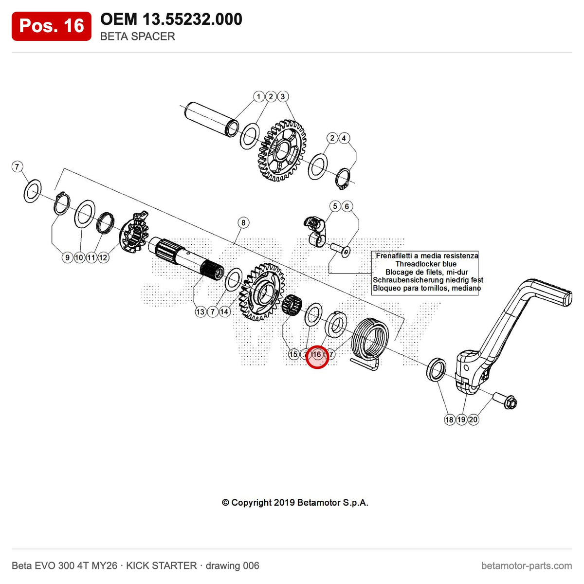 BETA SPACER – OEM 13.55232.000, position 16 on the Beta EVO 300 4T MY26 kick starter drawing