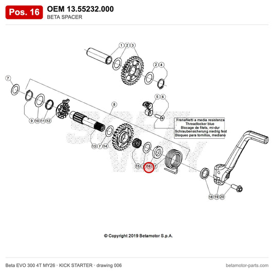 BETA SPACER – OEM 13.55232.000, position 16 on the Beta EVO 300 4T MY26 kick starter drawing