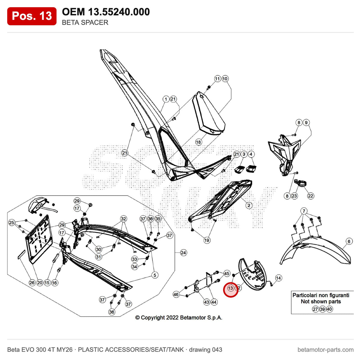 BETA SPACER – OEM 13.55240.000, position 13 on the Beta EVO 300 4T MY26 plastic accessories/seat/tank drawing