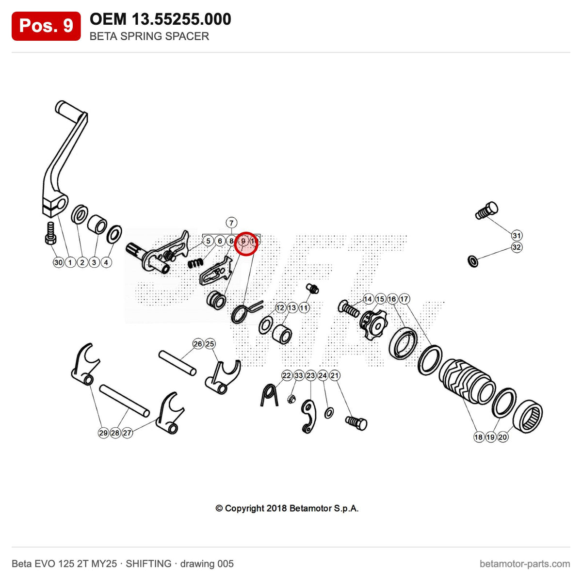 BETA SPRING SPACER – OEM 13.55255.000, position 9 on the Beta EVO 125 2T MY25 shifting drawing