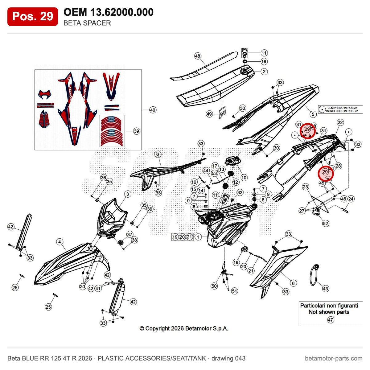 BETA SPACER – OEM 13.62000.000, position 29 on the Beta BLUE RR 125 4T R 2026 plastic accessories/seat/tank drawing