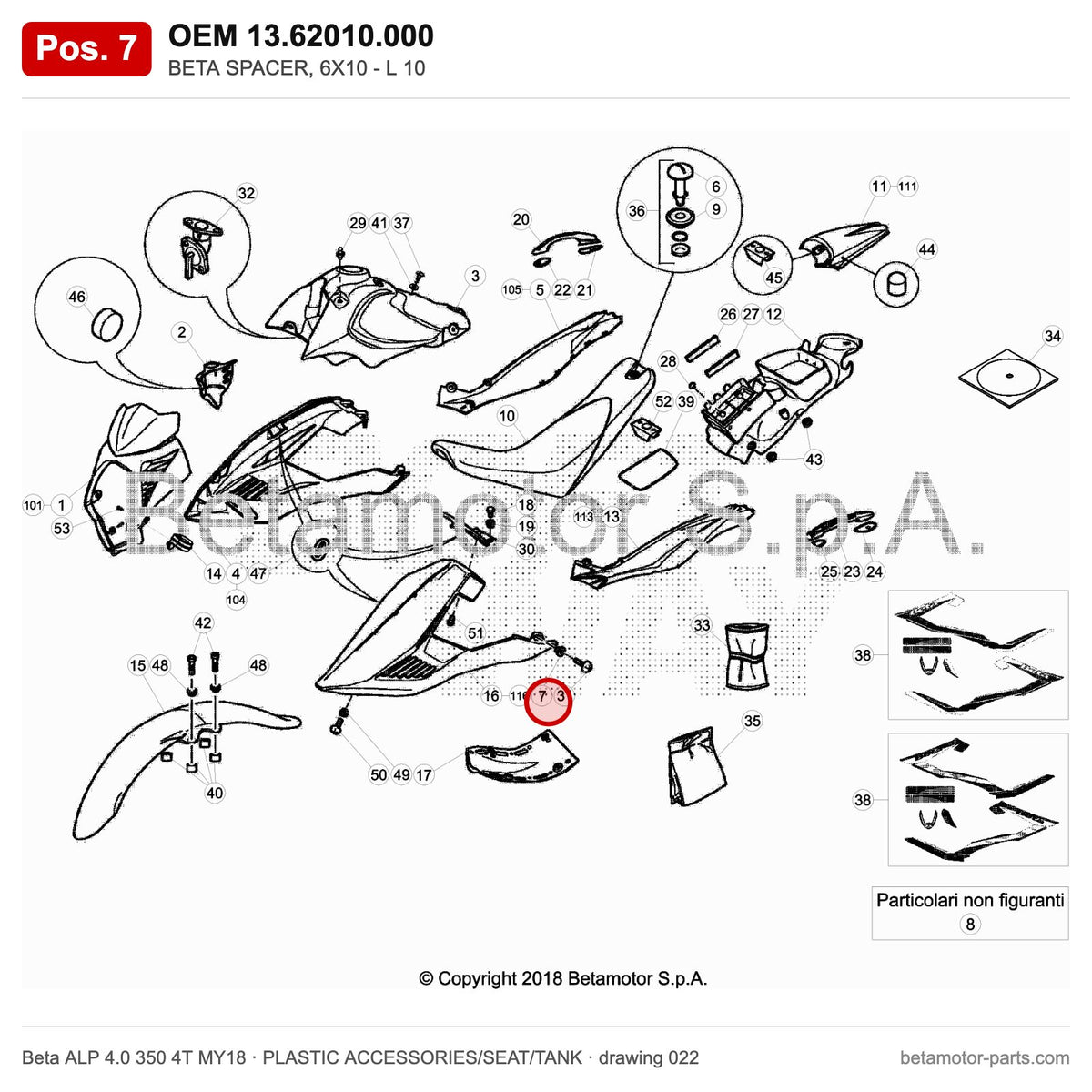 BETA SPACER, 6X10 - L 10 – OEM 13.62010.000, position 7 on the Beta ALP 4.0 350 4T MY18 plastic accessories/seat/tank drawing