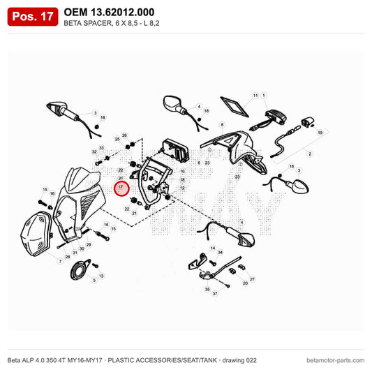 BETA SPACER, 6 X 8,5 - L 8,2 – OEM 13.62012.000, position 17 on the Beta ALP 4.0 350 4T MY16-MY17 plastic accessories/seat/tank drawing