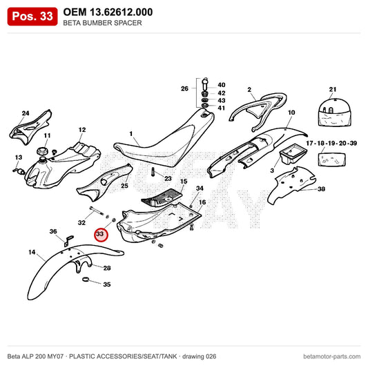 BETA BUMBER SPACER – OEM 13.62612.000, position 33 on the Beta ALP 200 MY07 plastic accessories/seat/tank drawing