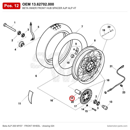 BETA INNER FRONT HUB SPACER AJP ALP 4T – OEM 13.62702.000, position 12 on the Beta ALP 200 MY07 front wheel drawing