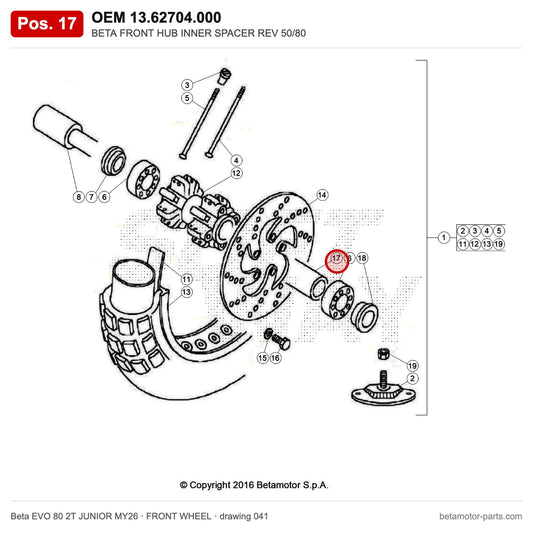 BETA FRONT HUB INNER SPACER REV 50/80 – OEM 13.62704.000, position 17 on the Beta EVO 80 2T JUNIOR MY26 front wheel drawing