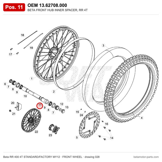 BETA FRONT HUB INNER SPACER, RR 4T – OEM 13.62708.000, position 11 on the Beta RR 400 4T STANDARD/FACTORY MY12 front wheel drawing