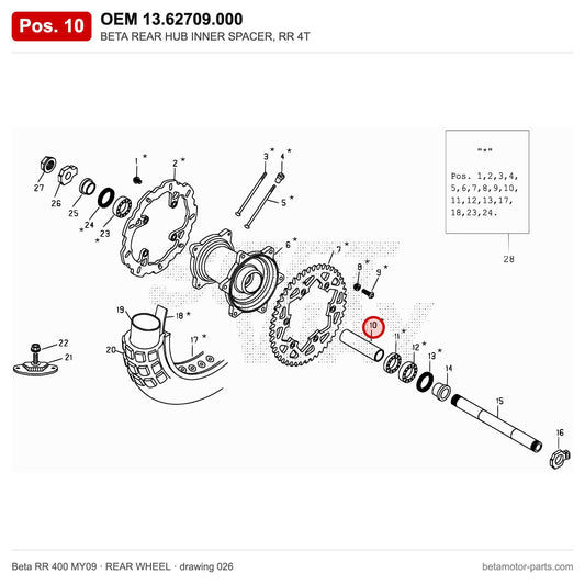BETA REAR HUB INNER SPACER, RR 4T – OEM 13.62709.000, position 10 on the Beta RR 400 MY09 rear wheel drawing
