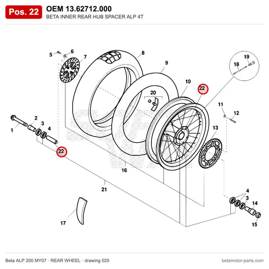 BETA INNER REAR HUB SPACER ALP 4T – OEM 13.62712.000, position 22 on the Beta ALP 200 MY07 rear wheel drawing