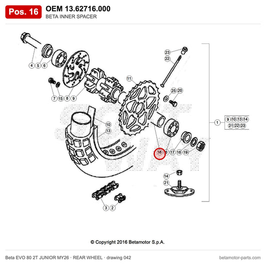 BETA INNER SPACER – OEM 13.62716.000, position 16 on the Beta EVO 80 2T JUNIOR MY26 rear wheel drawing