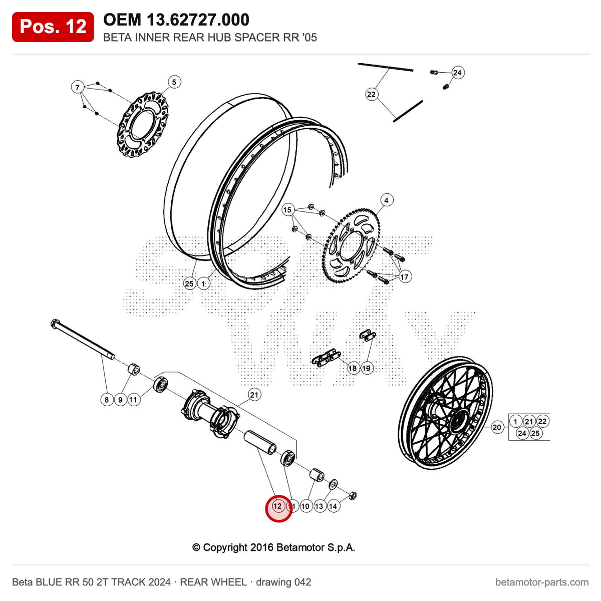 BETA INNER REAR HUB SPACER RR '05 – OEM 13.62727.000, position 12 on the Beta BLUE RR 50 2T TRACK 2024 rear wheel drawing