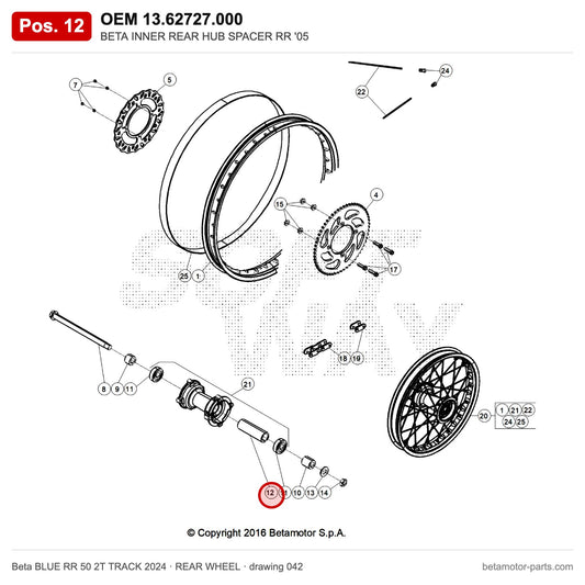 BETA INNER REAR HUB SPACER RR '05 – OEM 13.62727.000, position 12 on the Beta BLUE RR 50 2T TRACK 2024 rear wheel drawing
