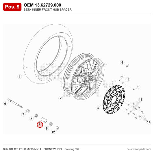 BETA INNER FRONT HUB SPACER – OEM 13.62729.000, position 9 on the Beta RR 125 4T LC MY13-MY14 front wheel drawing