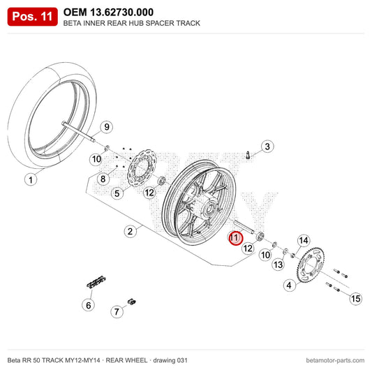 BETA INNER REAR HUB SPACER TRACK – OEM 13.62730.000, position 11 on the Beta RR 50 TRACK MY12-MY14 rear wheel drawing