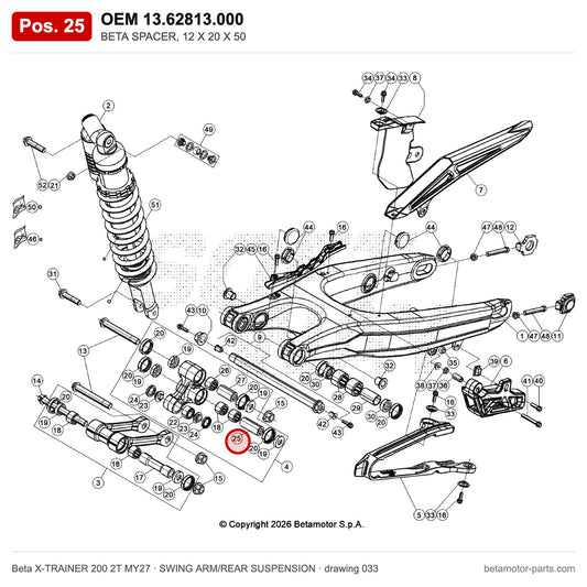 BETA SPACER, 12 X 20 X 50 – OEM 13.62813.000, position 25 on the Beta X-TRAINER 200 2T MY27 swing arm/rear suspension drawing