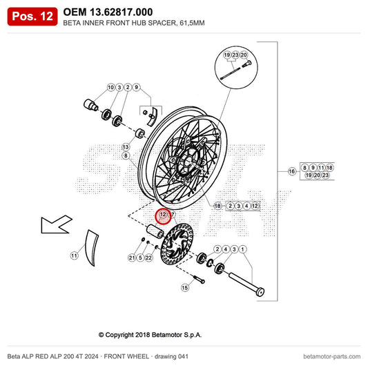 BETA INNER FRONT HUB SPACER, 61,5MM – OEM 13.62817.000, position 12 on the Beta ALP RED ALP 200 4T 2024 front wheel drawing
