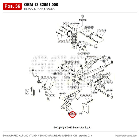BETA OIL TANK SPACER – OEM 13.82551.000, position 36 on the Beta ALP RED ALP 200 4T 2024 swing arm/rear suspension drawing
