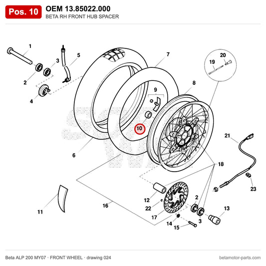 BETA RH FRONT HUB SPACER – OEM 13.85022.000, position 10 on the Beta ALP 200 MY07 front wheel drawing