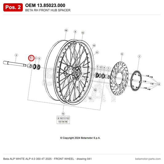 BETA RH FRONT HUB SPACER – OEM 13.85023.000, position 2 on the Beta ALP WHITE ALP 4.0 350 4T 2025 front wheel drawing