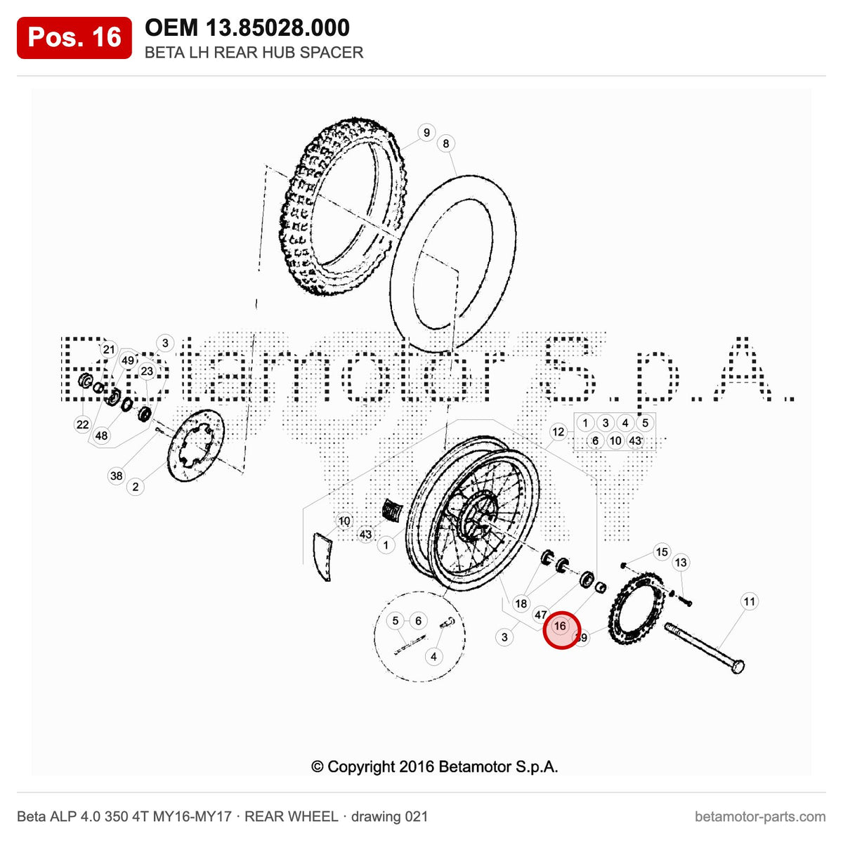 BETA LH REAR HUB SPACER – OEM 13.85028.000, position 16 on the Beta ALP 4.0 350 4T MY16-MY17 rear wheel drawing