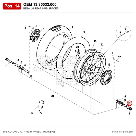 BETA LH REAR HUB SPACER – OEM 13.85032.000, position 14 on the Beta ALP 200 MY07 rear wheel drawing