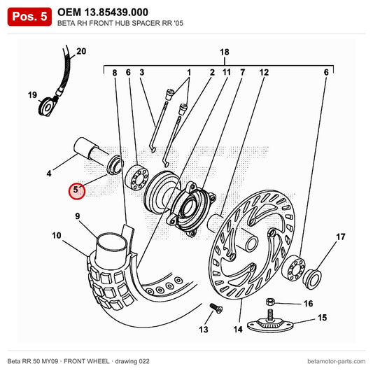 BETA RH FRONT HUB SPACER RR '05 – OEM 13.85439.000, position 5 on the Beta RR 50 MY09 front wheel drawing