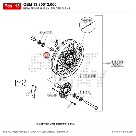 BETA FRONT HUB LX. SPACER ALP-4T – OEM 13.85512.000, position 13 on the Beta ALP RED ALP 200 4T 2024 front wheel drawing