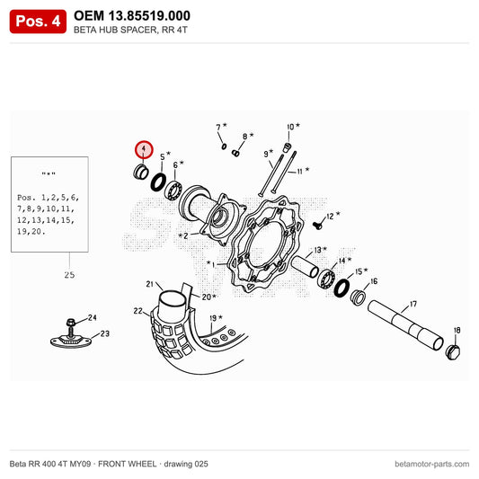 BETA HUB SPACER, RR 4T – OEM 13.85519.000, position 4 on the Beta RR 400 4T MY09 front wheel drawing