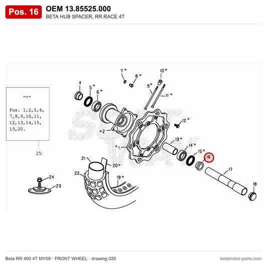 BETA HUB SPACER, RR RACE 4T – OEM 13.85525.000, position 16 on the Beta RR 400 4T MY09 front wheel drawing